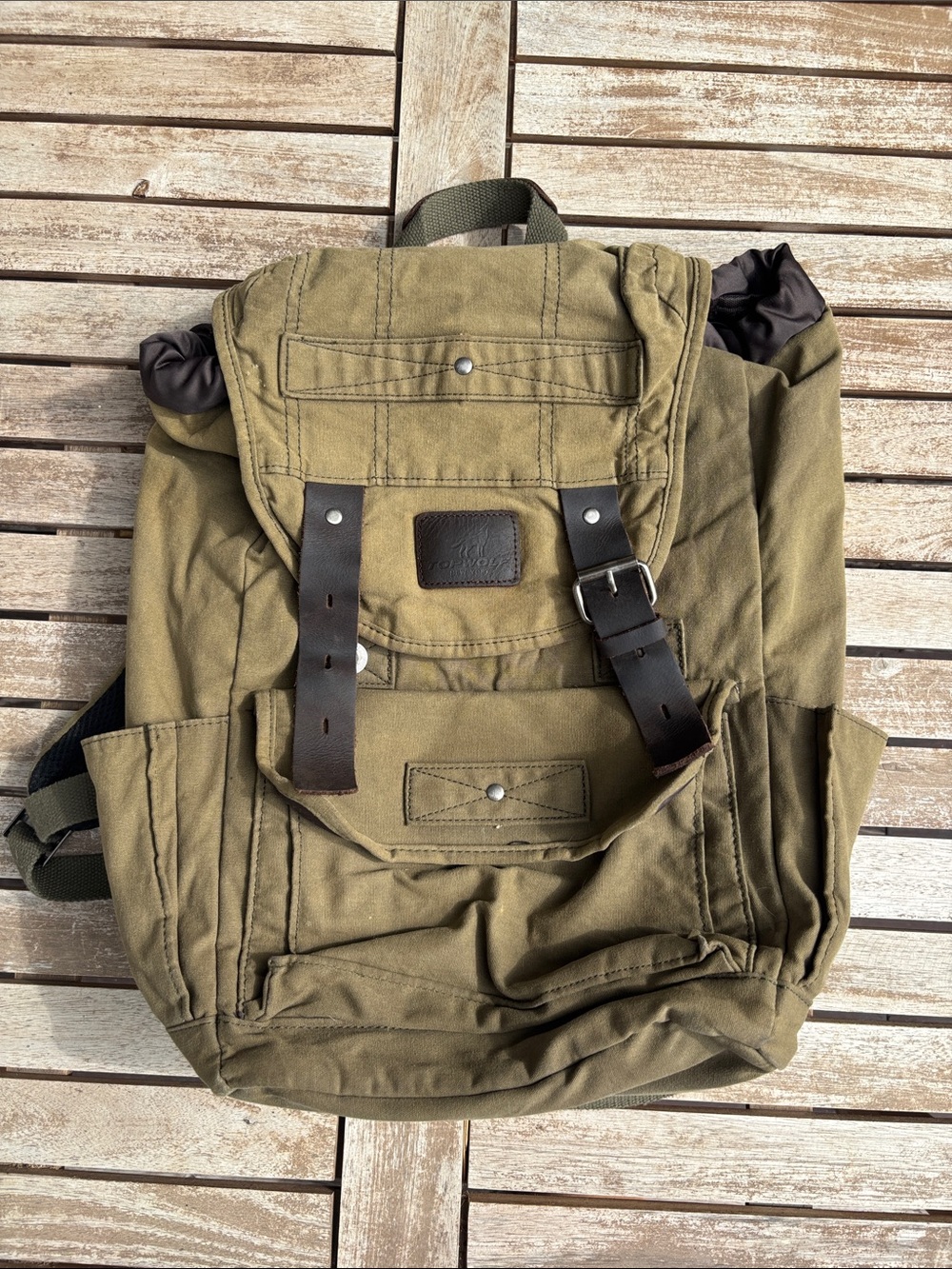 Olive Green Canvas Roll-Top Backpack with Dark Brown Leather Straps